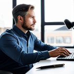 A professional digital content creator, fully clothed in modest business casual attire, seated at a sleek, ergonomic desk in a modern, well-organized studio. The creator is looking thoughtfully at a large monitor, a pen in hand, conveying a sense of deep contemplation and focused problem-solving during an intensive creative process. The studio background is clean with subtle tech elements, softly blurred to keep focus on the subject. Soft, natural light illuminates the scene, creating a professional and composed atmosphere. safe for work, appropriate content, perfect anatomy, correct proportions, natural pose, well-formed hands, proper finger count, natural body proportions, professional photography, high quality, family-friendly.