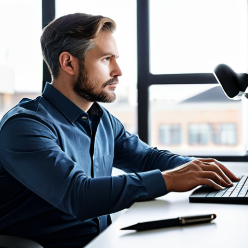 A professional digital content creator, fully clothed in modest business casual attire, seated at a sleek, ergonomic desk in a modern, well-organized studio. The creator is looking thoughtfully at a large monitor, a pen in hand, conveying a sense of deep contemplation and focused problem-solving during an intensive creative process. The studio background is clean with subtle tech elements, softly blurred to keep focus on the subject. Soft, natural light illuminates the scene, creating a professional and composed atmosphere. safe for work, appropriate content, perfect anatomy, correct proportions, natural pose, well-formed hands, proper finger count, natural body proportions, professional photography, high quality, family-friendly.
