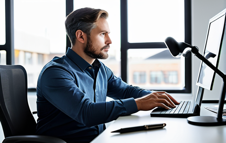 A professional digital content creator, fully clothed in modest business casual attire, seated at a sleek, ergonomic desk in a modern, well-organized studio. The creator is looking thoughtfully at a large monitor, a pen in hand, conveying a sense of deep contemplation and focused problem-solving during an intensive creative process. The studio background is clean with subtle tech elements, softly blurred to keep focus on the subject. Soft, natural light illuminates the scene, creating a professional and composed atmosphere. safe for work, appropriate content, perfect anatomy, correct proportions, natural pose, well-formed hands, proper finger count, natural body proportions, professional photography, high quality, family-friendly.