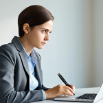 A thoughtful young professional with an intelligent and calm expression, wearing a modest business casual outfit like a tailored blazer and a crisp shirt. They are seated at a clean, minimalist desk in a bright, modern study, contemplating. A sleek laptop is on the desk, but their gaze is slightly past it, towards an open notebook, symbolizing a balanced approach to information and critical thought. Soft, natural light fills the room. Professional photography, high resolution, soft lighting, sharp focus, perfect anatomy, correct proportions, natural pose, well-formed hands, proper finger count, natural body proportions, fully clothed, modest clothing, appropriate attire, professional dress, safe for work, appropriate content, family-friendly.